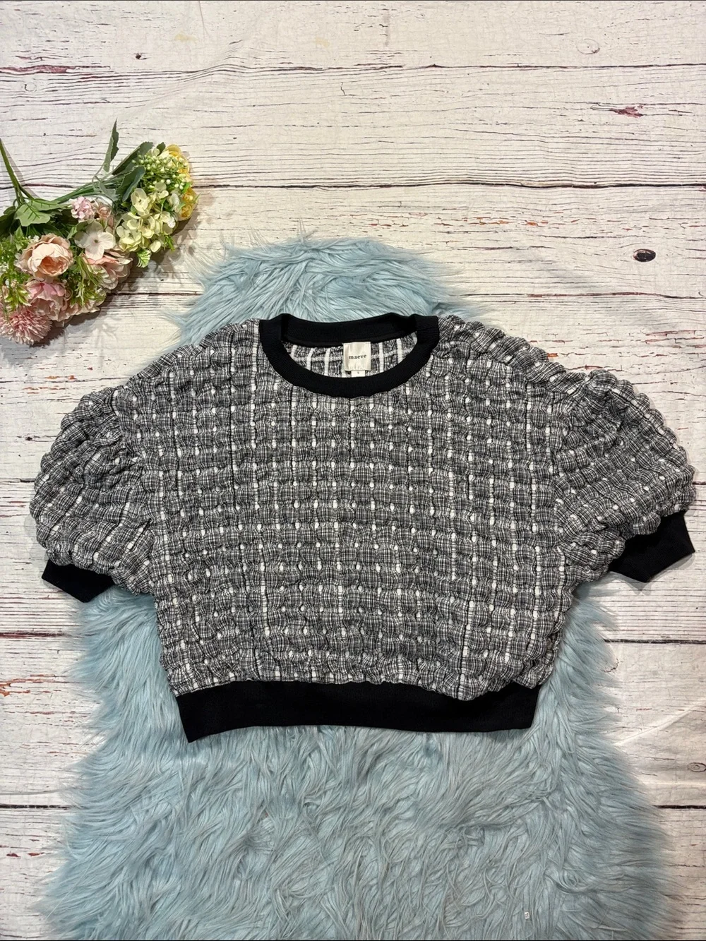 Anthropologie Maeve Puff-Sleeve Bubble Windowpane Top